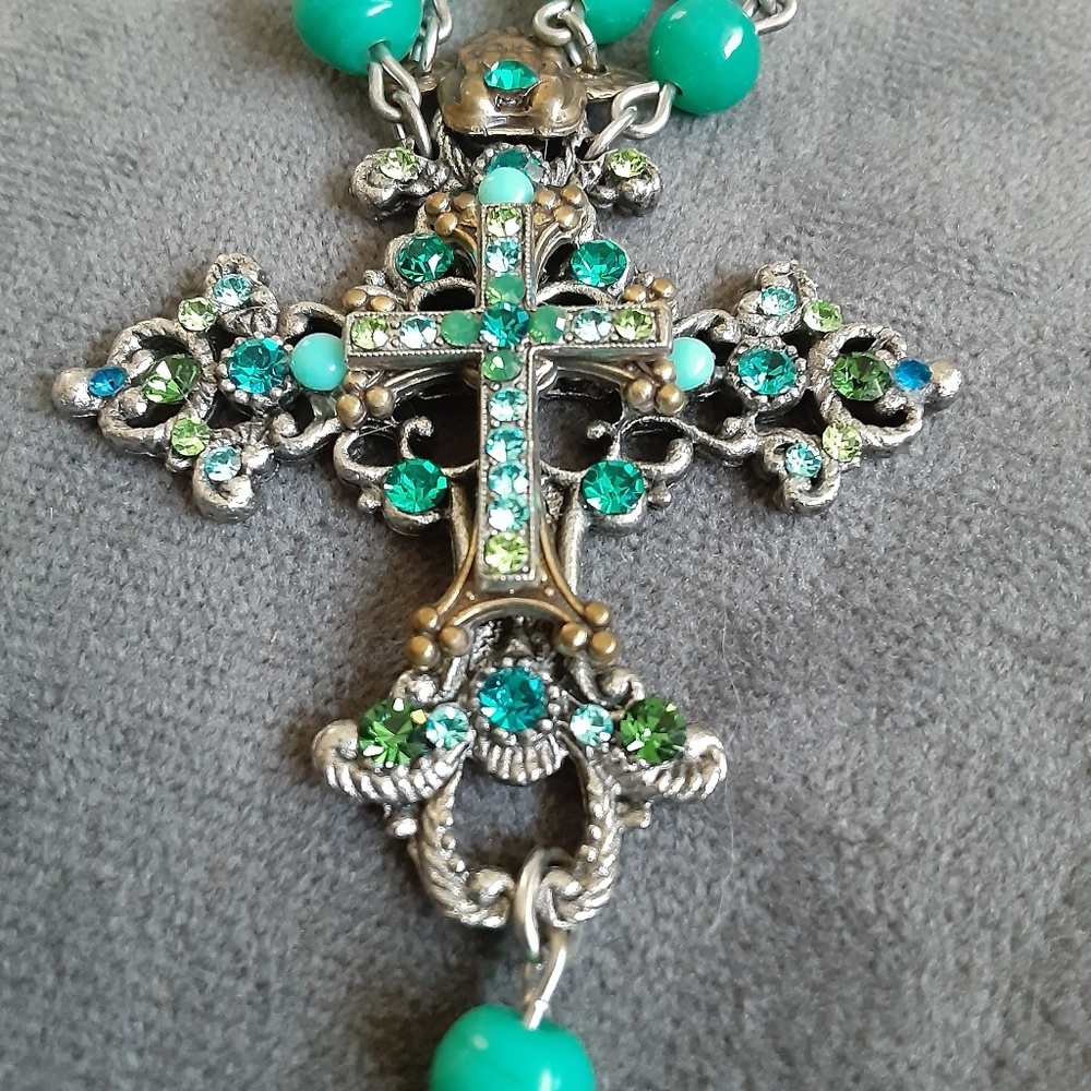 Turquoise crystal and bead cross necklace